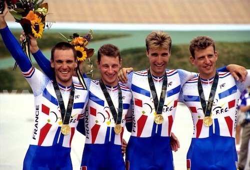 Christophe Capelle, Jean Michel Monin,  Philippe Ermenault et Francis Moreau aux JO 1996 Photo Vandystadt.jpeg